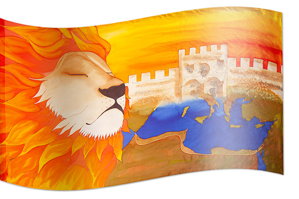 The design ‘The Lion of Judah over Jerusalem’ in hand-crafted silk